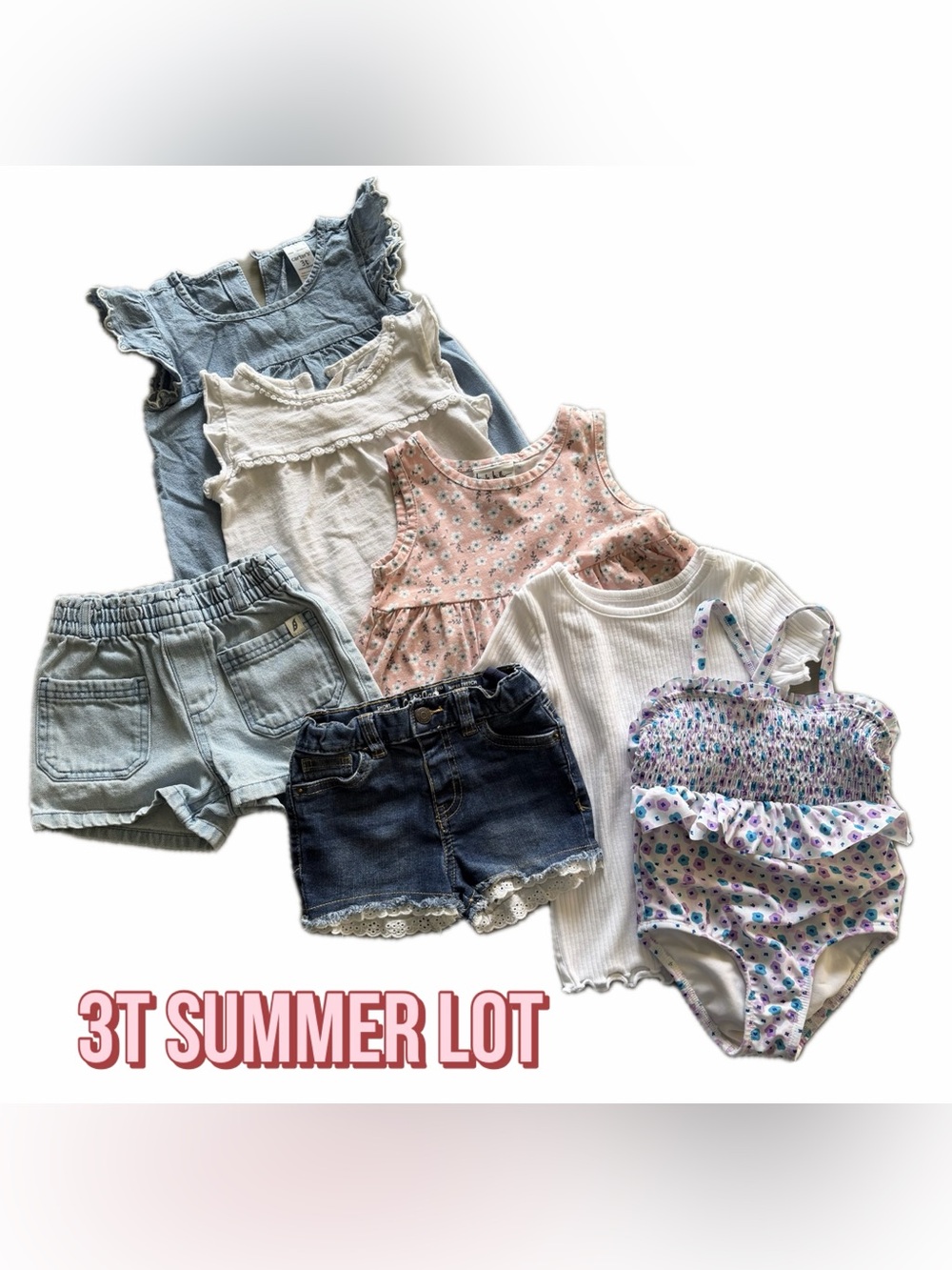 Girls 3T Summer Lot-7 Pieces-Tank, Tees, Shorts, Swimwear. Floral, Pink, White